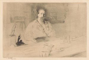 阿纳托尔·弗朗斯 (Anatole France) 办公桌后的肖像 作者 Edgar Chahine（艺术家签名）