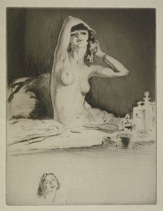 一位女士在厕所里，Sidonie-Gabrielle Colette（1873-1954 年）为“Mitsou”绘制的插图，1930 年出版（蚀刻和干刻）