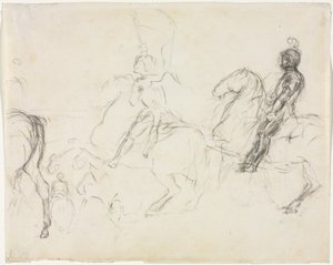 装甲兵在马背上的战斗场景，正面坐着两个女人，1856-1860年。 作者 埃德加·德加