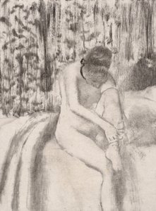 女孩穿上她的长袜，1876-77。 作者 埃德加·德加