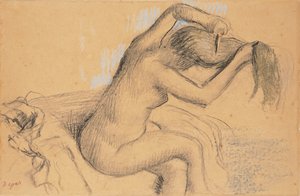 裸体女人造型她的头发；大约1890-1895年，梳头的裸体女人