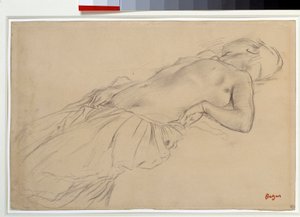 仰卧的裸体女人 "中世纪战争场景 "的研究报告 埃德加-德加（1834-1917）的黑色铅笔画 昏暗。0,22 x 0,35 m 巴黎。卢浮宫博物馆 作者 埃德加·德加