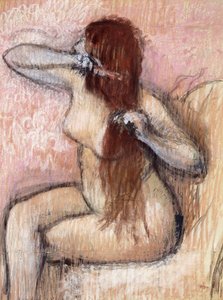 裸体坐着的女人，安排她的头发；裸体女人坐着，梳理头发，约1887-1890年