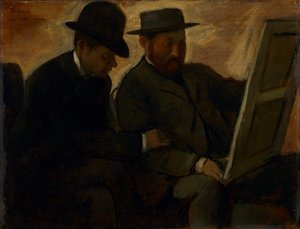 保罗·拉方德（Paul Lafond）和阿方斯·切菲尔斯（Alphonse Cherfils）检查绘画，约1878-1880年 作者 埃德加·德加
