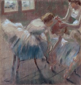 三个舞者准备上课，1880年（柔和的浅黄色编织纸） 作者 Edgar Degas