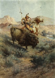 印第安人和布法罗，1891年 作者 埃德加·塞缪尔·帕克森