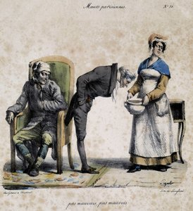 Sick, doctor looking in the pot and servant. Cartoon of Parisian morals by Pigal (19th century), preserved at the Musee Dobree in Nantes. 作者 Edme Jean（之后）Pigal