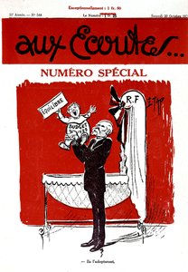 法国报纸《Aux Ecoutes》的头版上有一个婴儿，代表 1929 年的预算，即将在摇篮里（法兰西共和国） 作者 爱德蒙 (1861 1943) 挂毯