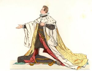 托斯卡纳大公科斯梅二世（1590-1621）（意大利）--根据埃德蒙-莱切瓦利埃-切维纳尔（1825-1902）的插图平版印刷，出自《16世纪的历史服装》。 作者 Edmond Lechevallier-Chevignard