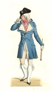 出生于18世纪应征者时尚的法国年轻人，根据卡勒-韦尔内（1758-1836）的画作绘制 - 石版印刷，来自埃德蒙-莱切瓦利埃-切维尼亚尔（1825-1902）的插图，出自《16世纪历史服装》。 作者 Edmond Lechevallier-Chevignard