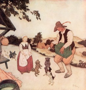 "当他看到白卡洛琳时，他开始用风琴演奏最动听的乐曲，三只小狗开始一起跳舞。 作者 埃德蒙·杜拉克（Edmund Dulac）