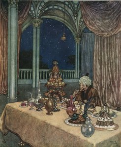 美女与野兽》：贝儿的父亲来到城堡，发现桌子上摆满了食物，约 1910 年（石版画） 作者 埃德蒙·杜拉克（Edmund Dulac）