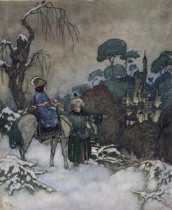 美女与野兽：贝儿同意代替被贝特囚禁的父亲去解救他，她向城堡走去，约 1910 年（石版画） 作者 埃德蒙·杜拉克（Edmund Dulac）