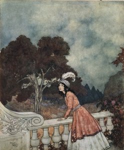 蓝胡子：约 1910 年，蓝胡子的年轻妻子法蒂玛问妹妹安妮是否能从塔楼上看到她的哥哥们（石版画） 作者 埃德蒙·杜拉克（Edmund Dulac）
