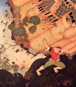 "嗨，朋友，把整个城堡和女王以及城堡里的一切都扛在肩上吧"，比利时童话《密西西比女王的七个征服者》插图，摘自埃德蒙-杜拉克的《童话书》：盟国童话》，第 2 页。 作者 埃德蒙·杜拉克（Edmund Dulac）