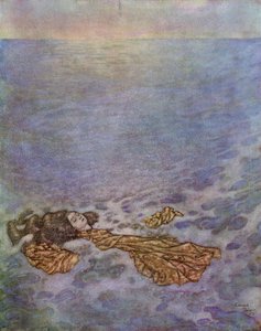 她再次看了王子一眼，眼神已经因死亡而黯淡，然后冲出船舷，坠落下去，身体化为泡沫，插图选自《美人鱼》。 作者 埃德蒙·杜拉克（Edmund Dulac）