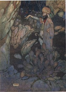芝麻开门》，插图选自《阿里巴巴和四十大盗》（彩色石版画） 作者 埃德蒙·杜拉克（Edmund Dulac）