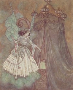 "她发现自己面对的是一位端庄美丽的女士"，《美女与野兽》插图 作者 埃德蒙·杜拉克（Edmund Dulac）