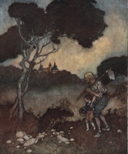 睡美人：公主城堡的塔楼出现在树林上方。 作者 埃德蒙·杜拉克（Edmund Dulac）