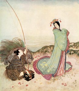 "Urashima was so enchanted that he could not speak a word"，日本童话《Urashima Taro 的故事》插图，摘自埃德蒙-杜拉克的《童话书》：盟国童话》，1916 年出版 作者 埃德蒙·杜拉克（Edmund Dulac）