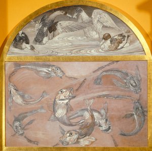 池塘里的鱼和鸭子的双联画（卡片上的钢笔画，）。 作者 爱德华多·乔亚（Edoardo Gioja）