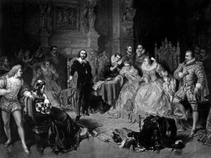 威廉-莎士比亚（1564-1616）在英国女王伊丽莎白一世的宫廷里，由皮埃尔-科廷雕刻，约1864年（夹层）。 作者 爱德华（后）安德