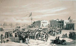 塞内加尔戈雷岛政府广场，约1840年（石印）。 作者 爱德华·奥古斯特·努斯沃