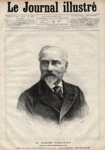 安德烈-西奥里耶（1833-1907）的肖像，法国小说家、诗人和学者--纳维利埃在1891年 "杰出杂志 "上的版画。
