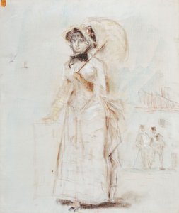 女人用打开的伞走；散步拿着一把阳伞的女人，1880年 作者 爱德华·马奈
