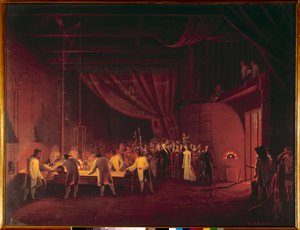 贝里公爵夫人 (1798-1870) 的玛丽·卡罗琳·德·波旁 (Marie Caroline de Bourbon) 于 1822 年参观了圣戈班的工厂。工人们用玻璃铸造了一个桌子。 Edouard Pingret (1788-1875) 的画作，1824 年私人收藏