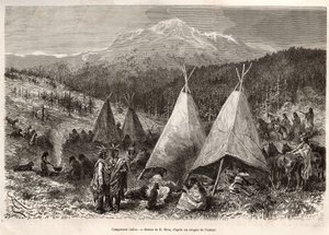 An Indian camp, in Utah territory, on the banks of the Riviere Verte. Engraving after the drawing of E.Riou, to illustrate the story La conquete blanche, by William Hepworth Dixon, in 1875, published in “” Le tour du monde””” 1876, edited by Edouard Charto 作者 爱德华·里奥（Edouard Riou）