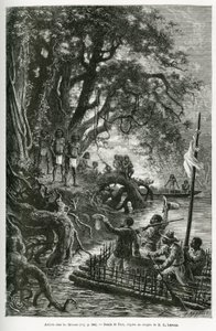 克雷沃医生和E.Lejeanne的木筏抵达米图阿斯村附近的岸边。里欧的版画，用于说明海军一级医师克雷沃医生和E.Leje在新格拉纳达和委内瑞拉的探索之旅。 作者 爱德华·里奥（Edouard Riou）