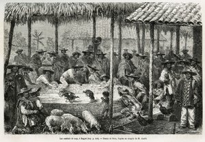 伊巴格（哥伦比亚）的斗鸡和街头动画，由Riou绘制，用于说明1875-1876年Equinoxiale America（哥伦比亚、厄瓜多尔、秘鲁）的故事，由法国政府负责的旅行者代表团Ed.雕刻在《世界之旅》中 作者 爱德华·里奥（Edouard Riou）