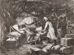 利文斯通博士于1873年在非洲Tchitammbo村去世，插图出自“手中的世界”，出版于1878年 作者 爱德华·里奥（Edouard Riou）