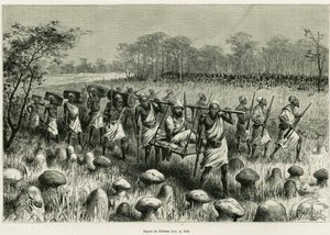 Departed from Kalassa, the narrator traveler in his chair with porters. Engraving by Riou to illustrate the story Les lacs de l