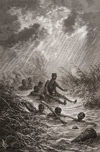 戴维·利文斯通博士（Dr. David Livingstone）在1872年远征非洲期间被搬运工拖着沼泽，这是查尔斯·拉普兰特（Charles Laplante）所刻的“手中的世界”插图 作者 爱德华·里奥（Edouard Riou）