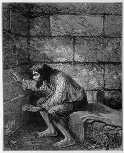 基督山伯爵（Edmond Dantes）在狱中--Riou的雕刻，载于大仲马的《基督山伯爵》，Rouff & Cie出版社 作者 爱德华·里奥（Edouard Riou）