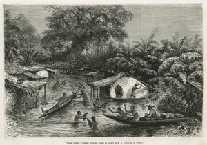 Inondes村庄，Riou绘制，用于说明1875-1877年加蓬和Ogoue河之旅的故事，由Alfred Marche绘制。雕刻在《世界之旅》中 作者 爱德华·里奥（Edouard Riou）