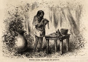 来自秘鲁的 Conibo 印第安人制造的陶器，由 Riou 绘制，用于说明 P. Marcoy 从 1848 年到 1860 年从太平洋到大西洋的航行。 雕刻在“Le tour du monde”，Edouard Charton 编辑 作者 爱德华·里奥（Edouard Riou）