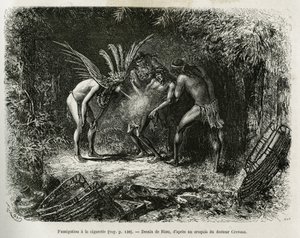 Roucouyan印第安人用香烟进行医疗熏蒸。 由 Riou 雕刻，以说明 Cayenne aux Andes 的故事，由法国海军博士 Jules Crevaux 于 1878-1879 年在 Edouard Charton 指导下发表于 Tour du monde 作者 爱德华·里奥（Edouard Riou）