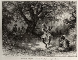 Meet two griots, Captain Binger, sitting in the shade, enjoys the show. Engraving by Riou, to illustrate the story “” From Niger to the Gulf of Guinee”” by Captain Louis Gustave Binger (1856-1936), in 1887-1889, in Le tour du monde, nouveau journal des voy 作者 爱德华·里奥（Edouard Riou）