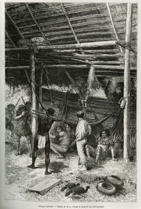 来自亚马逊河岸的印第安人早晨袭击了探险家的小屋。Riou的雕刻作品，用于说明法国海军博士Jules Crevaux于1878-1879年创作的卡宴-安第斯山脉的故事，发表于《世界之旅》，由Riou指导。 作者 爱德华·里奥（Edouard Riou）
