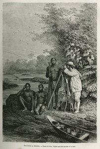 Observation at theodolite, Dr Crevaux with his measuring instruments and his team of guide and porters, in full working session, engraving after a drawing by Riou, to illustrate the story De Cayenne aux Andes, by Jules Crevaux, doctor of the French navy, i 作者 爱德华·里奥（Edouard Riou）
