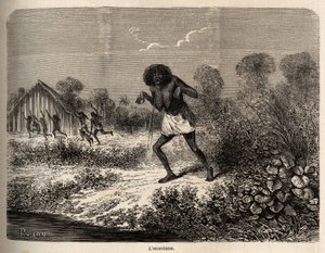 Conibos 印第安人惊慌失措，保罗·马科伊 (Paul Marcoy) 的远征队到达通巴亚 (秘鲁) 附近时逃跑了，而他本人却是一位老印第安人的邪恶咒语的受害者，由 Riou 绘制，以说明 1848 年至 1860 年 P 的航行 . Marcoy，从 作者 爱德华·里奥（Edouard Riou）
