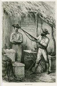 Portrait of the author Victor Giraud, a ship ensign and his traveller, Montagu Kerr, a hunter. Engraving by Riou, to illustrate the story Les lacs de l