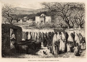 前往 Marabout de Tlemcen 的游行队伍（带有伊斯兰教男子饰面圆顶的坟墓），由 E.Riou 绘制，描绘了前往特莱姆森（阿尔及利亚）的航程，由 E. de Lorral 于 1875 年创作，发表于“” Le tour du monde”””1875 年，Edouard Char 编辑 作者 爱德华·里奥（Edouard Riou）
