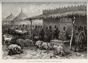 来自瓦加杜古（布基纳法索瓦加杜古）莫西王国（或莫西）的naba Sanem接待处。里奥的雕刻作品，为路易-古斯塔夫-宾格船长（1856-1936）1887-1889年在《Le tou》上发表的 "从尼日尔到吉尼湾 "的故事作插图。 作者 爱德华·里奥（Edouard Riou）