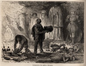 萨拉亚库（秘鲁）圣徒雕像的修复，由 Riou 绘制，用于说明 Paul Marcoy 从 1848 年到 1860 年从太平洋到大西洋的旅程。雕刻在“Le tour du monde”，由 Edouard Charton 编辑 作者 爱德华·里奥（Edouard Riou）