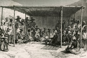 1880 年 4 月 25 日，指挥官约瑟夫·加利尼 (Joseph Gallieni)（1849-1916 年）和托康坦·凯塔 (Tokontan Keita) 签署了将北国（前法属苏丹，今马里）置于法国保护国之下的条约。 Riou 雕刻，基于 au 的草图 作者 Edouard Riou