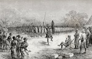 亨利·莫顿·斯坦利爵士在1890年的Usiri观看Mazamboni战士的方阵舞（木版画） 作者 爱德华·里奥（Edouard Riou）